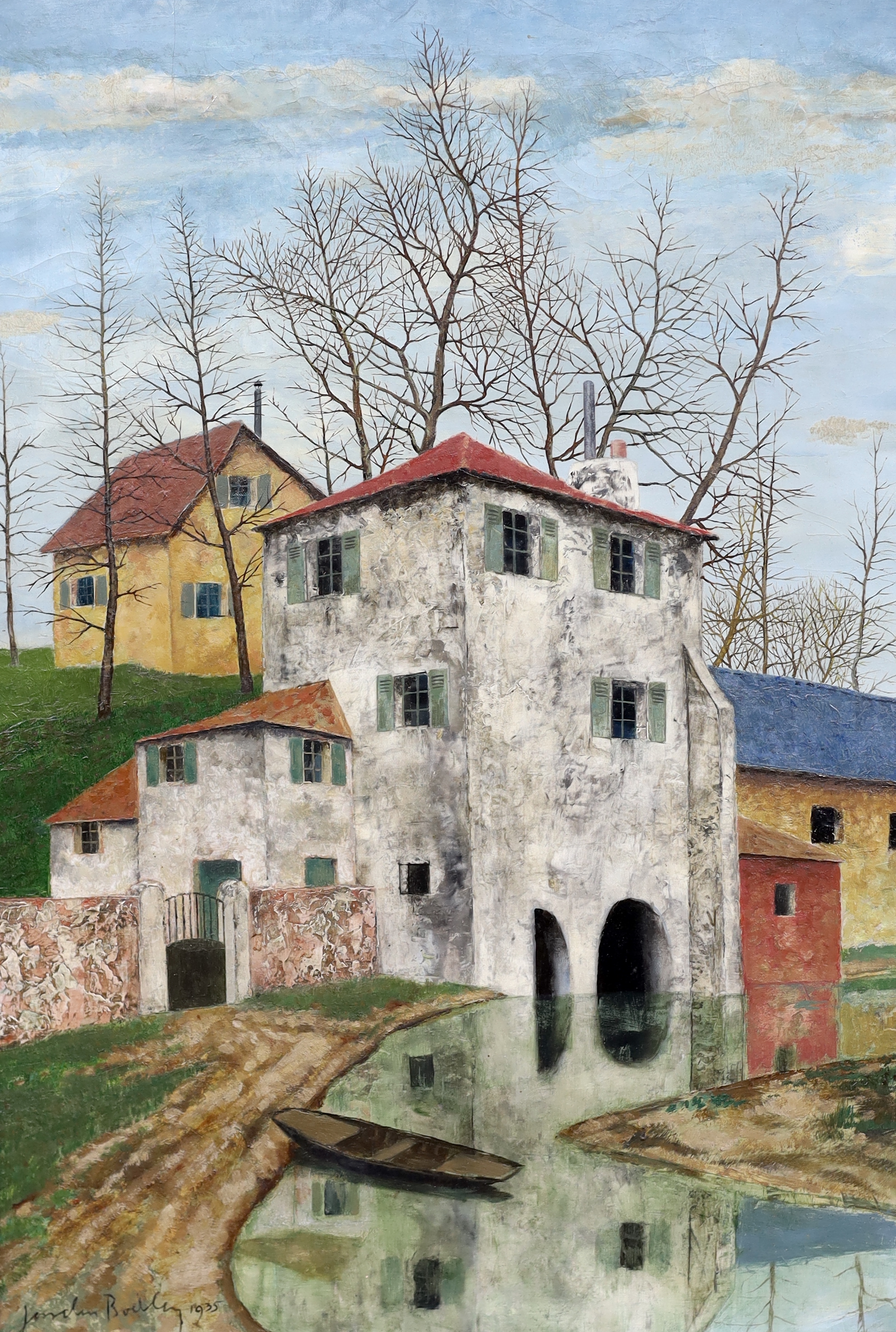 Josselin Reginald Courtenay Bodley (British 1893-1974), Riverside houses, oil on canvas, 53 x 37cm